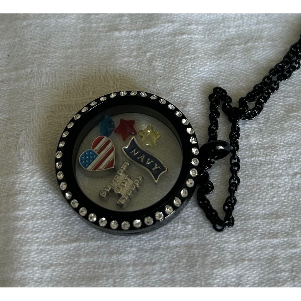 Origami Owl Black Floating Locket Necklace Navy Support Our Troops Flag Charms